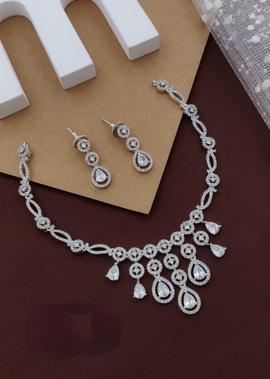 Silver Partywear American Diamond Rhodium Plated Necklace Set By House of Ree - Swadesiicart