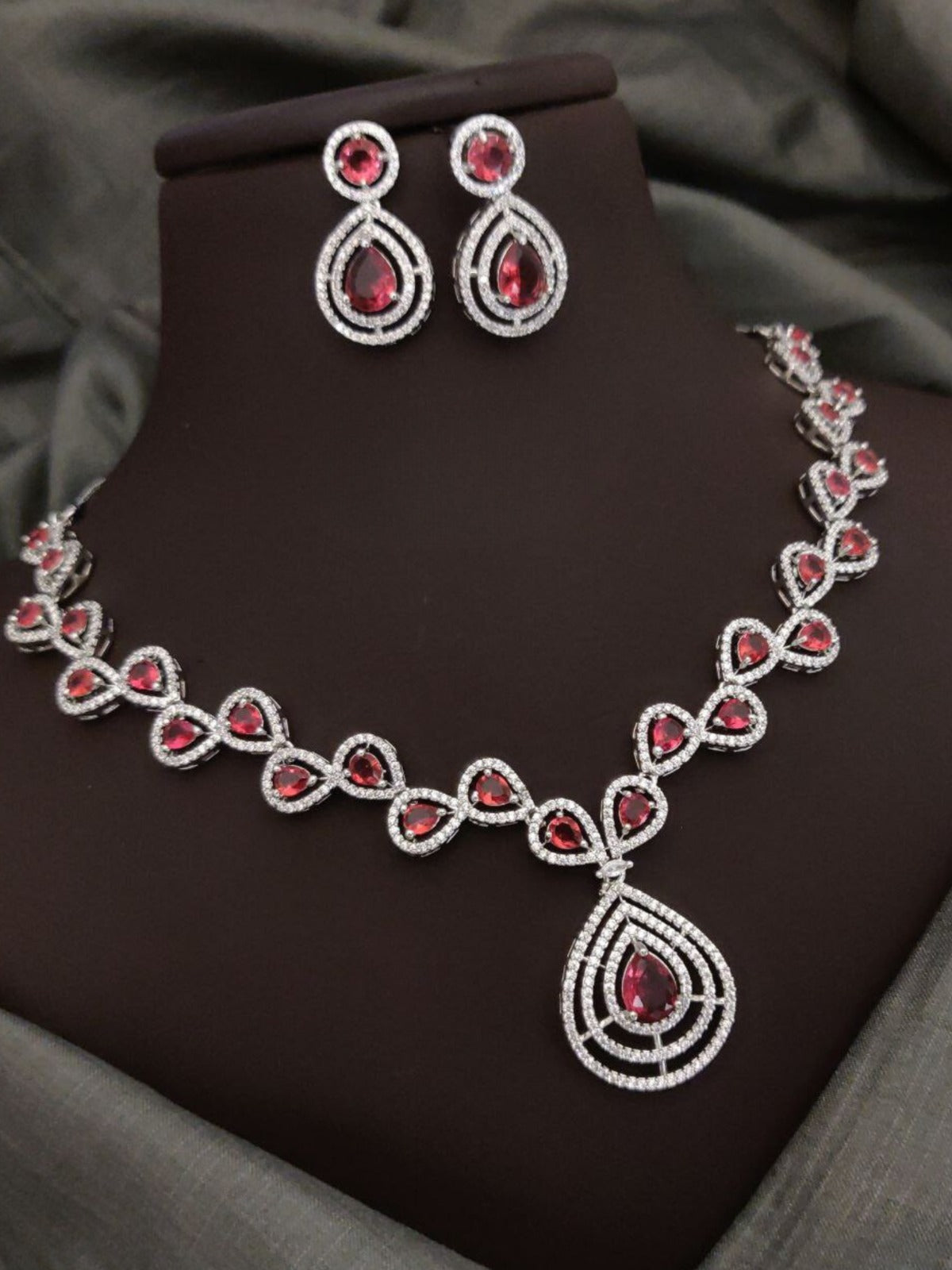 Red Partywear American Diamond Necklace Set By House of Ree - Swadesiicart