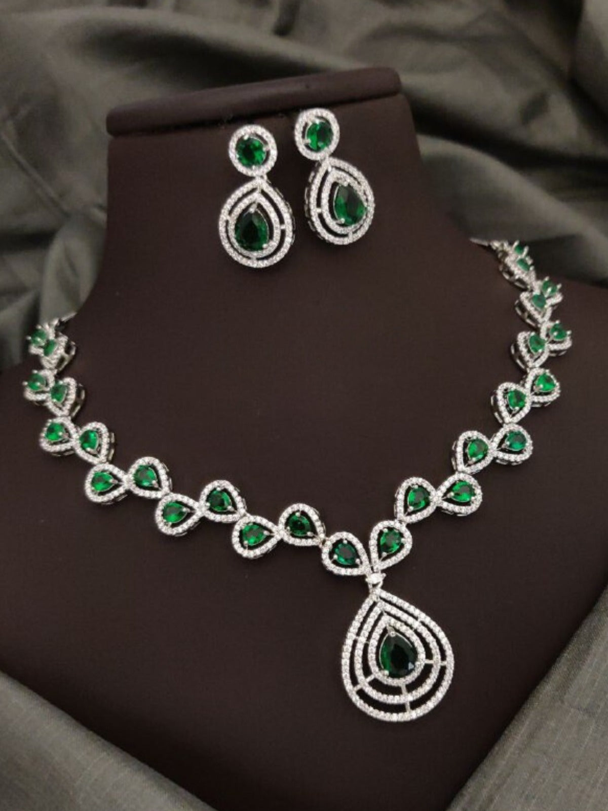Green Partywear American Diamond Necklace Set By House of Ree - Swadesiicart