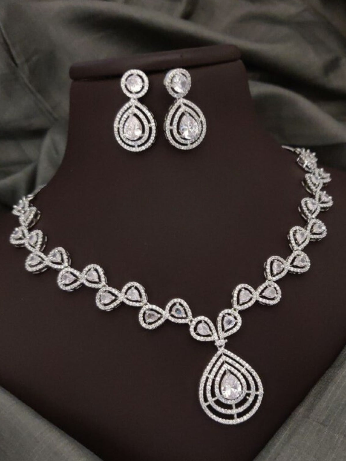 Silver Partywear American Diamond Necklace Set By House of Ree - Swadesiicart