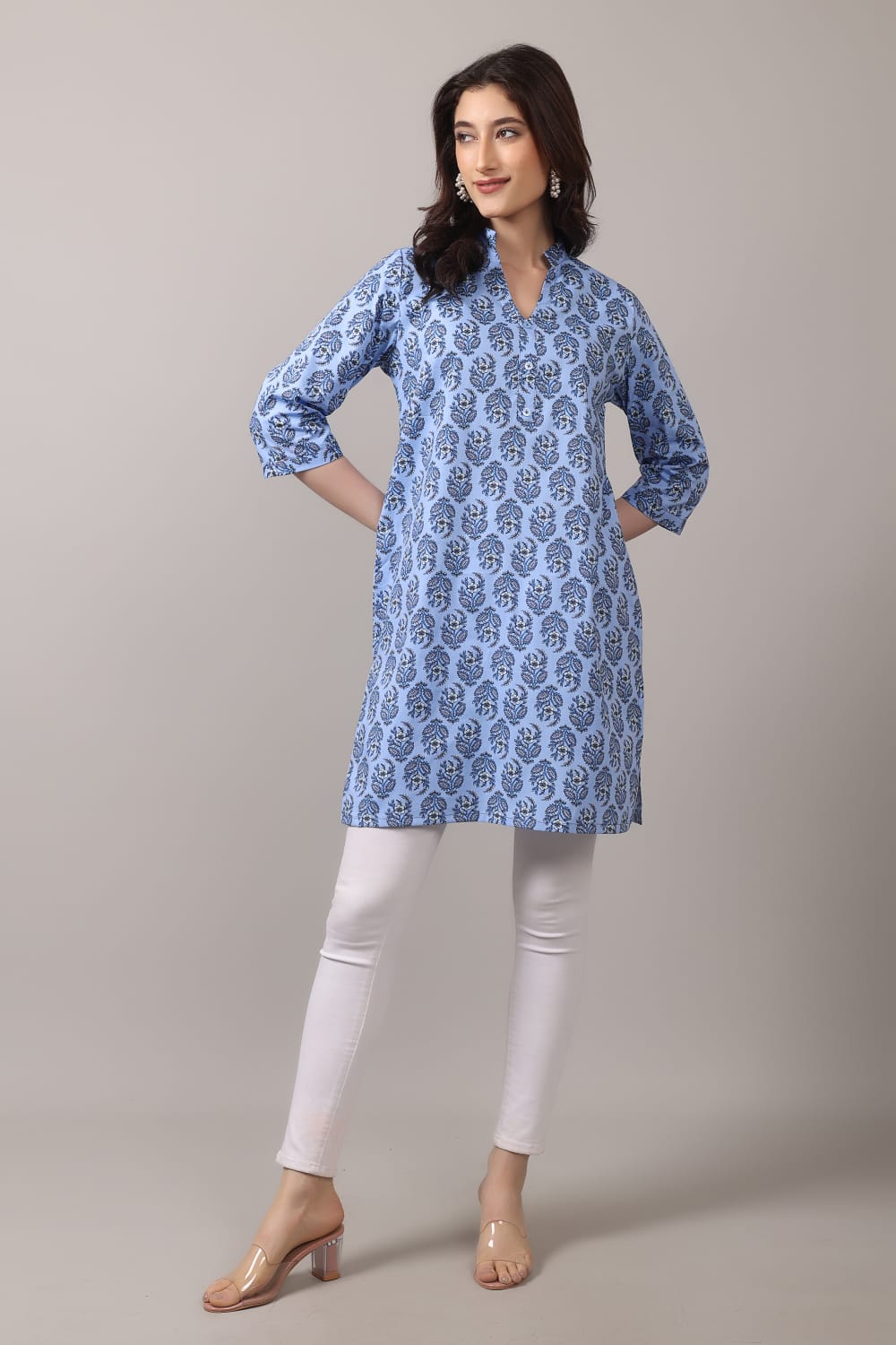 Jaitra Apparels Women Printed Pure Cotton Straight Kurta (Sky Blue) | Grocsy