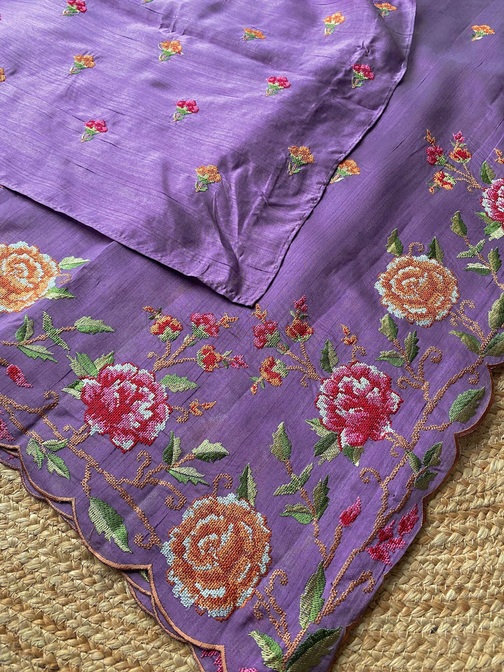 Mameraa Sarees Lavender Matka Silk Saree With Heavy Floral Embroidery Border With Running Blouse-Lavender | Grocsy