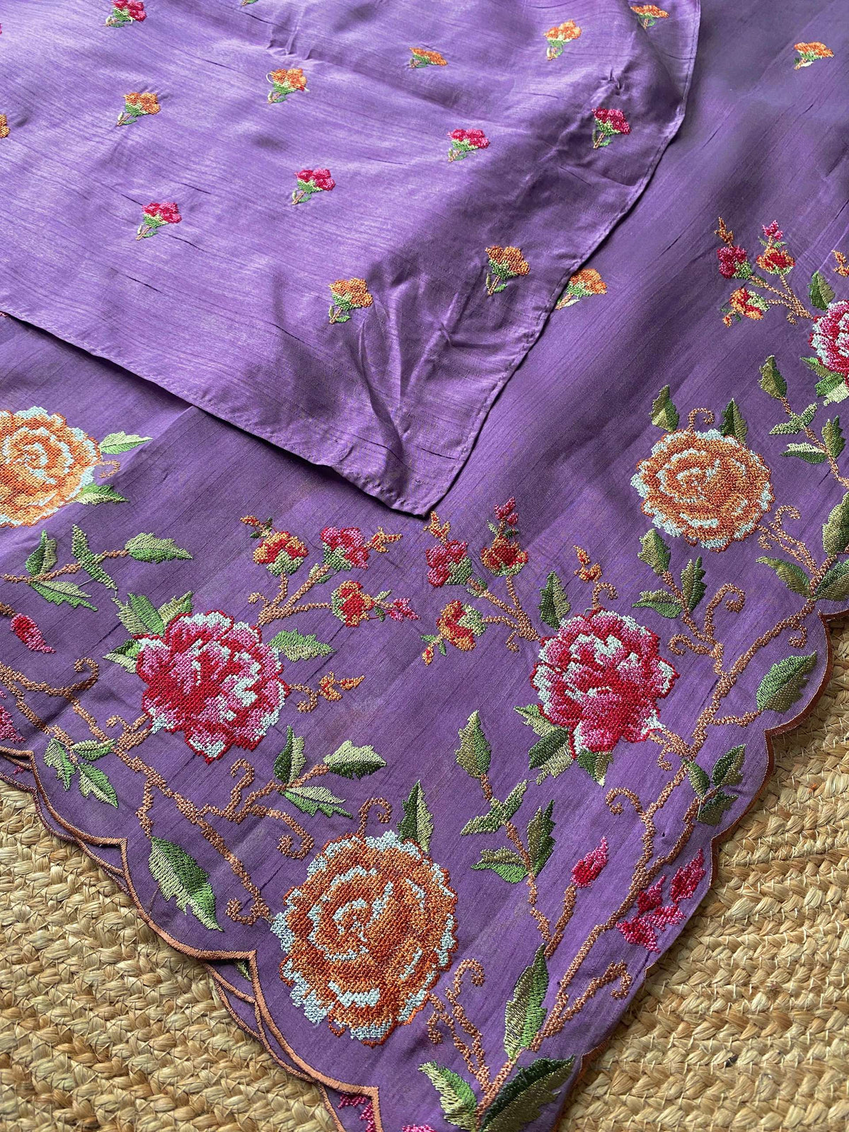 Mameraa Sarees Lavender Matka Silk Saree With Heavy Floral Embroidery Border With Running Blouse-Lavender | Grocsy