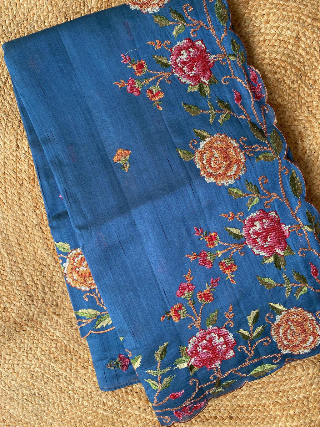 Mameraa Sarees Teal Matka Silk Saree With Heavy Floral Embroidery Border With Running Blouse-Teal | Grocsy