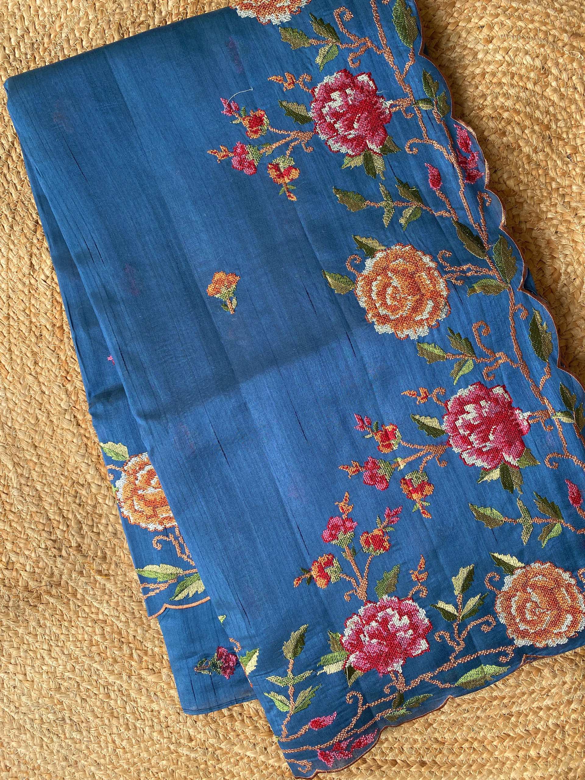 Mameraa Sarees Teal Matka Silk Saree With Heavy Floral Embroidery Border With Running Blouse-Teal | Grocsy