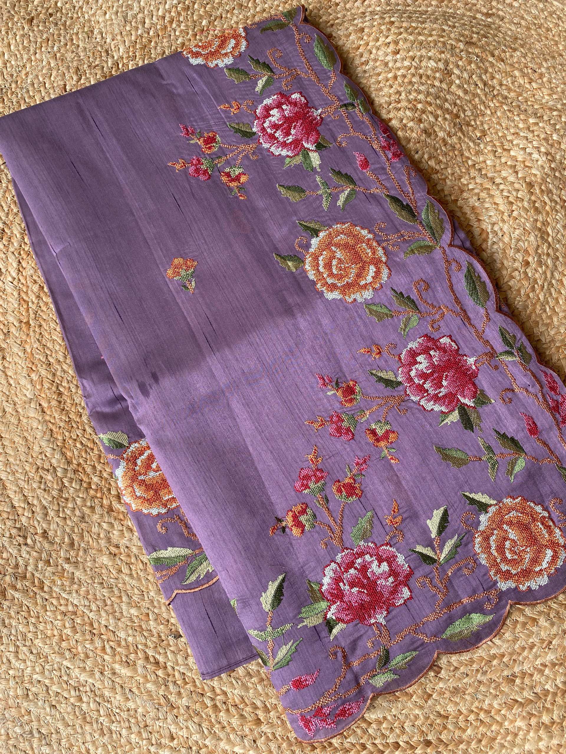 Mameraa Sarees Lavender Matka Silk Saree With Heavy Floral Embroidery Border With Running Blouse-Lavender | Grocsy