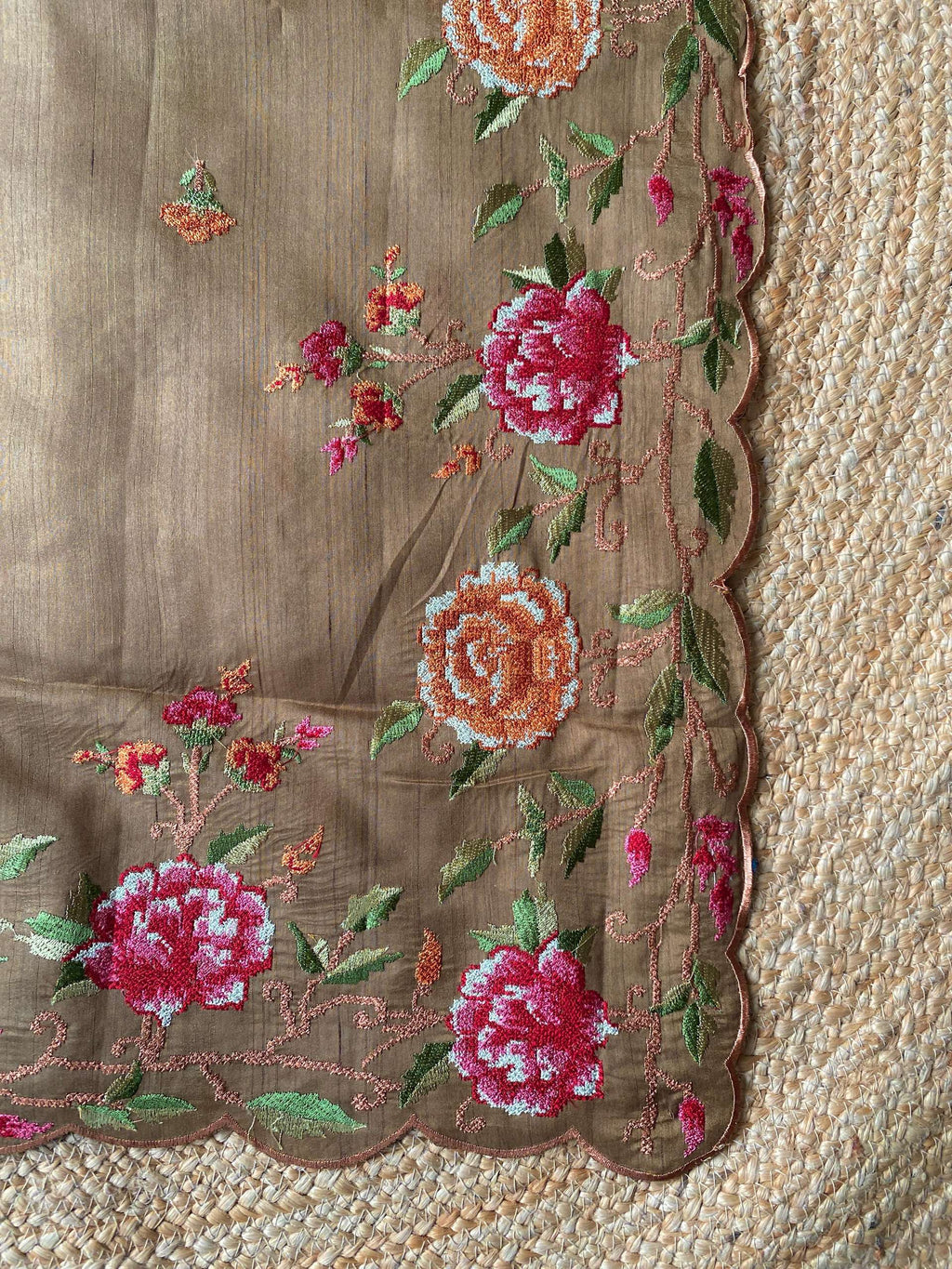Mameraa Sarees Brown Matka Silk Saree With Heavy Floral Embroidery Border With Running Blouse-Brown | Grocsy