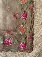 Mameraa Sarees Brown Matka Silk Saree With Heavy Floral Embroidery Border With Running Blouse-Brown | Grocsy