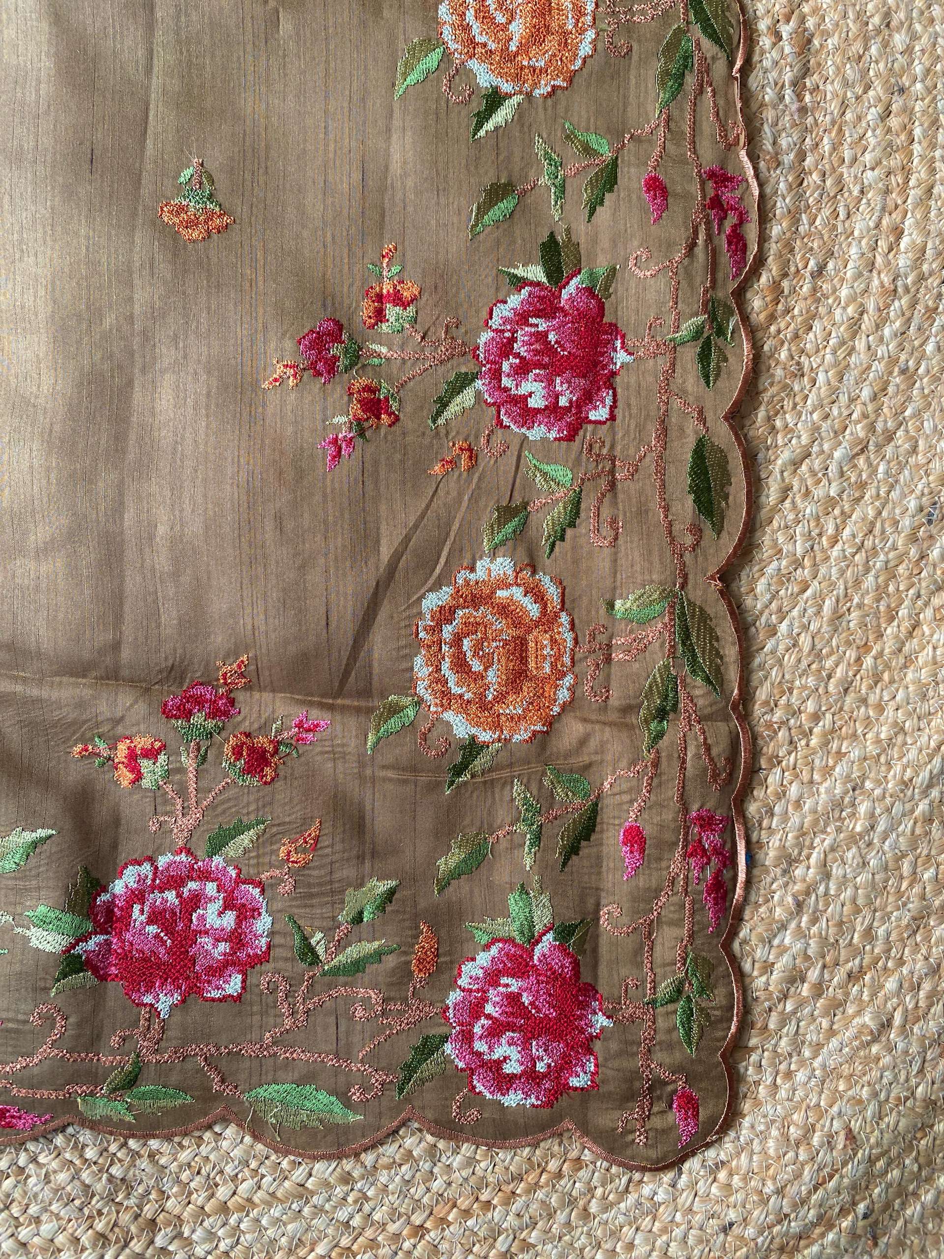 Mameraa Sarees Brown Matka Silk Saree With Heavy Floral Embroidery Border With Running Blouse-Brown | Grocsy