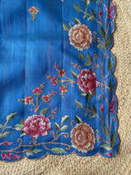 Mameraa Sarees Teal Matka Silk Saree With Heavy Floral Embroidery Border With Running Blouse-Teal | Grocsy