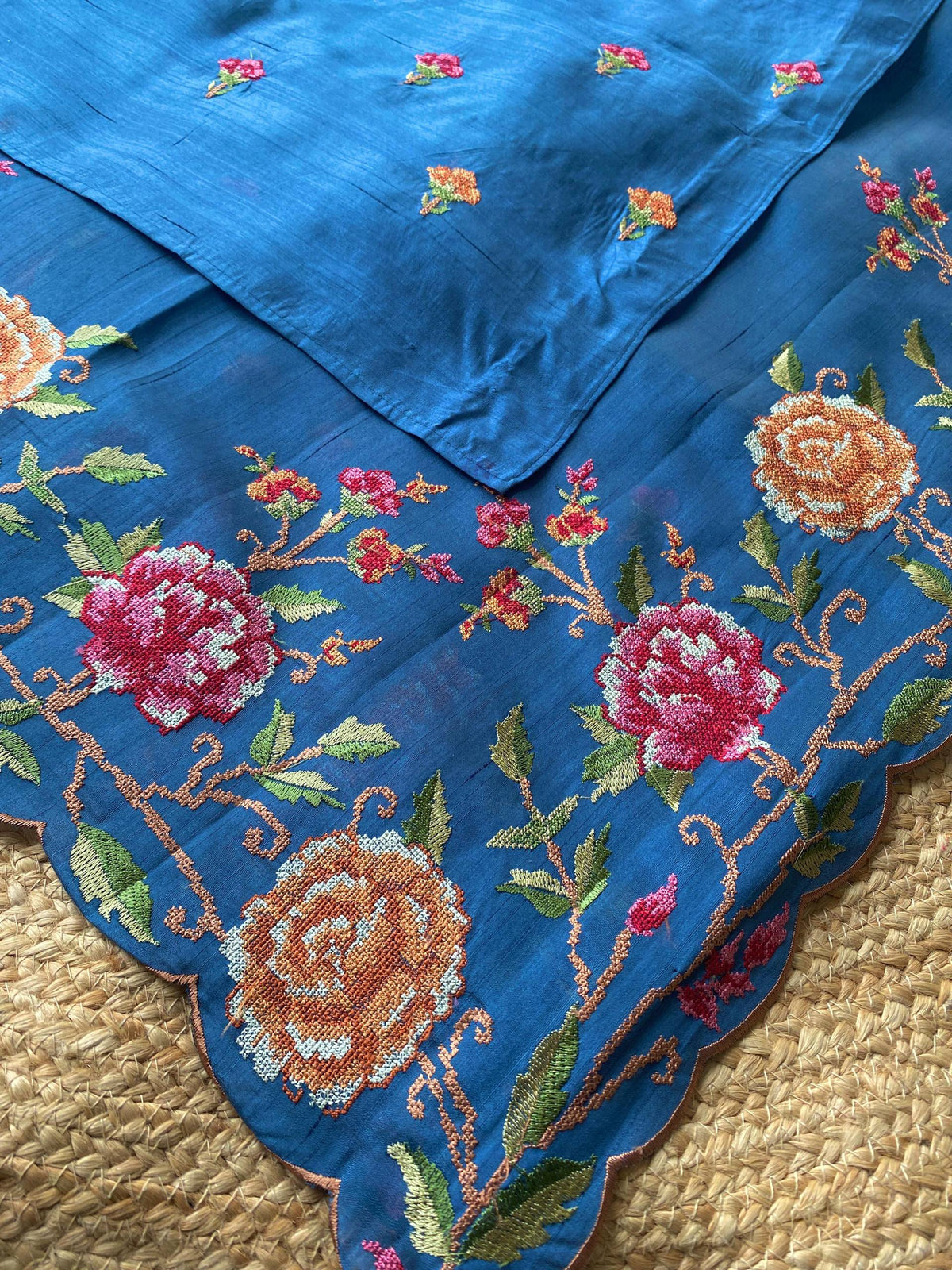 Mameraa Sarees Teal Matka Silk Saree With Heavy Floral Embroidery Border With Running Blouse-Teal | Grocsy