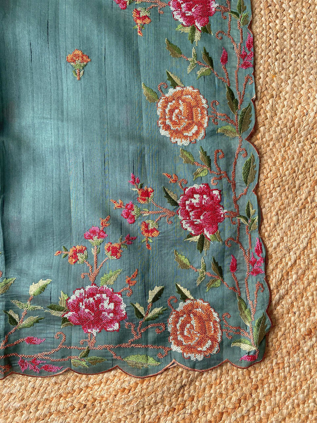 Mameraa Sarees Sea Green Matka Silk Saree With Heavy Floral Embroidery Border With Running Blouse-Sea_Green | Grocsy