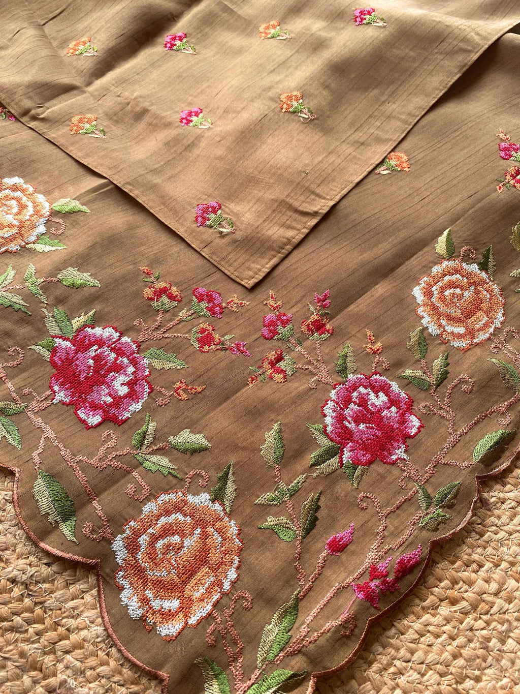 Mameraa Sarees Brown Matka Silk Saree With Heavy Floral Embroidery Border With Running Blouse-Brown | Grocsy