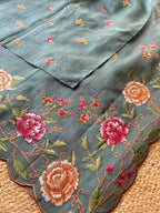 Mameraa Sarees Sea Green Matka Silk Saree With Heavy Floral Embroidery Border With Running Blouse-Sea_Green | Grocsy