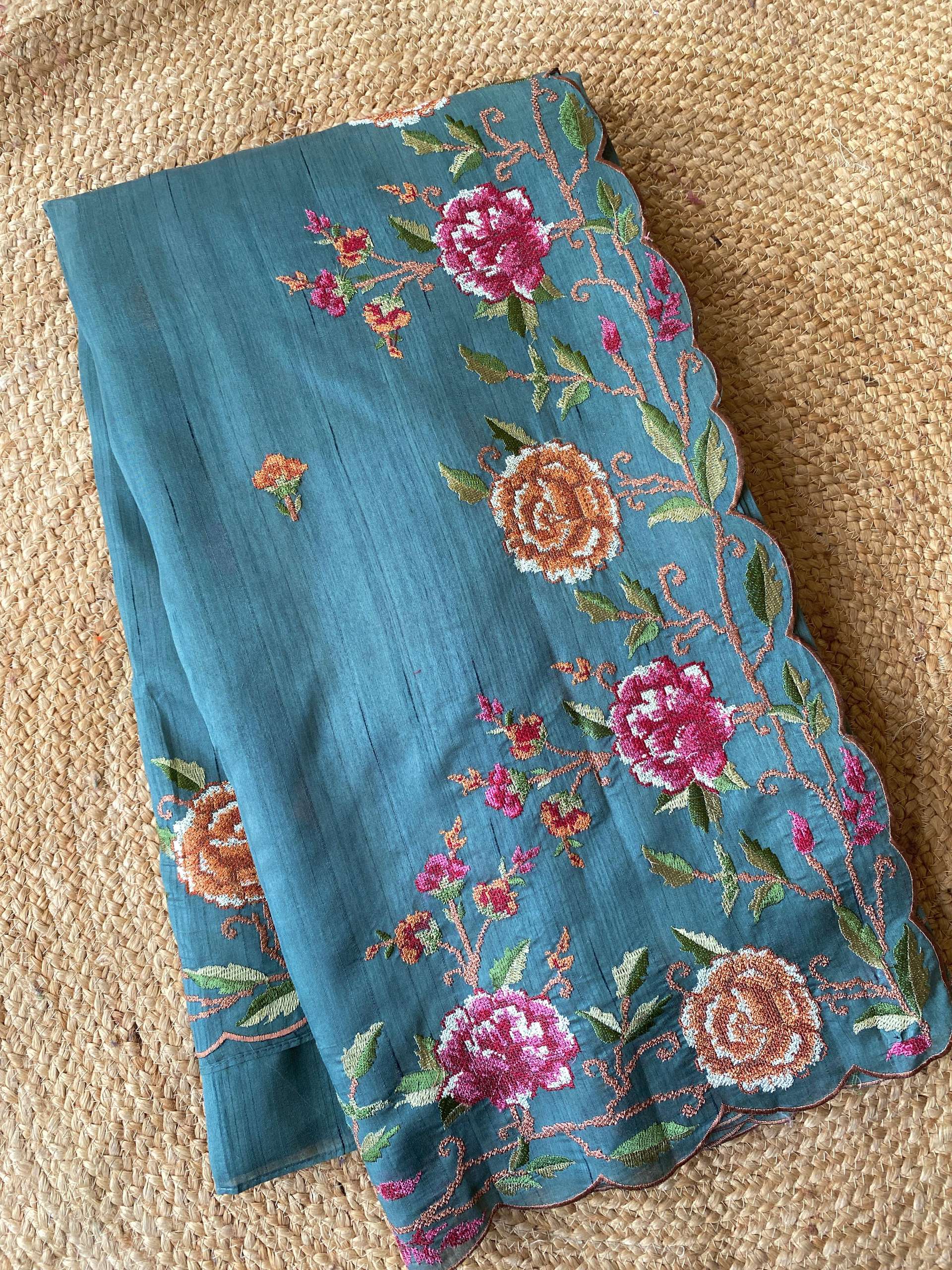 Mameraa Sarees Sea Green Matka Silk Saree With Heavy Floral Embroidery Border With Running Blouse-Sea_Green | Grocsy