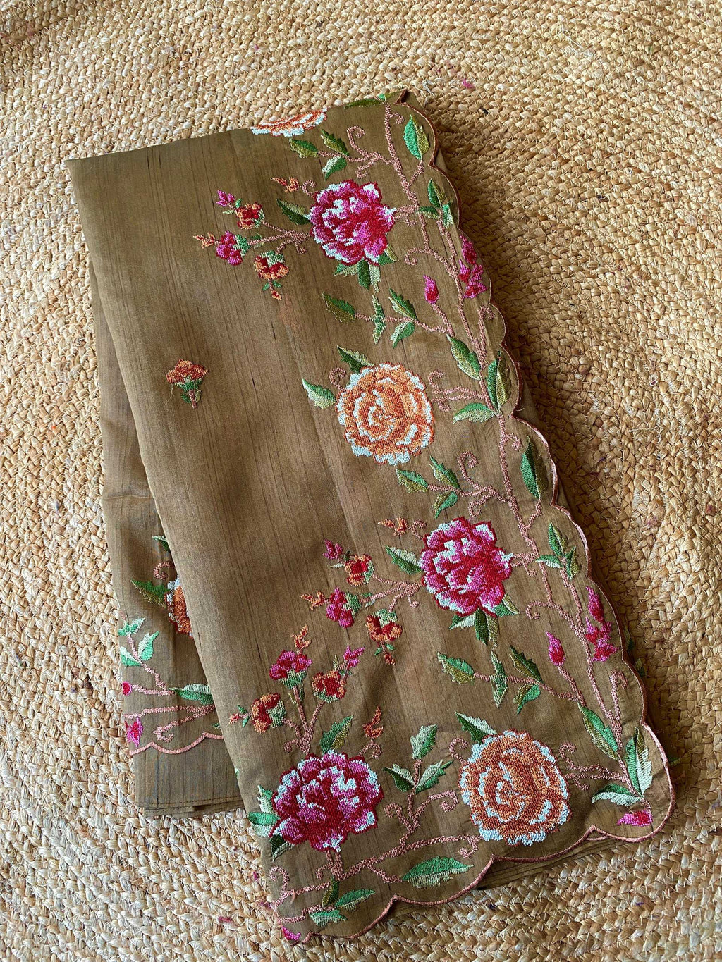 Mameraa Sarees Brown Matka Silk Saree With Heavy Floral Embroidery Border With Running Blouse-Brown | Grocsy