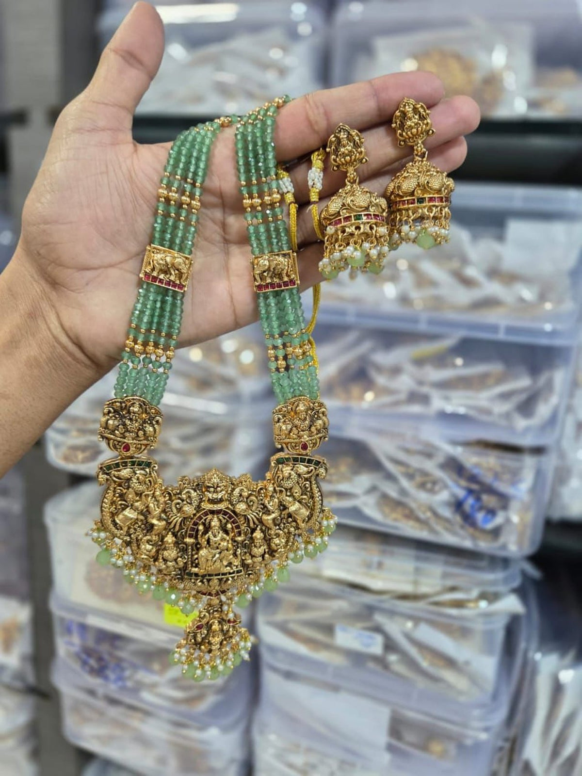 Jewel City Antique Gold-Plated Temple Lakshmi Haram Necklace Set with Green Beads & Jhumka Earrings | Grocsy
