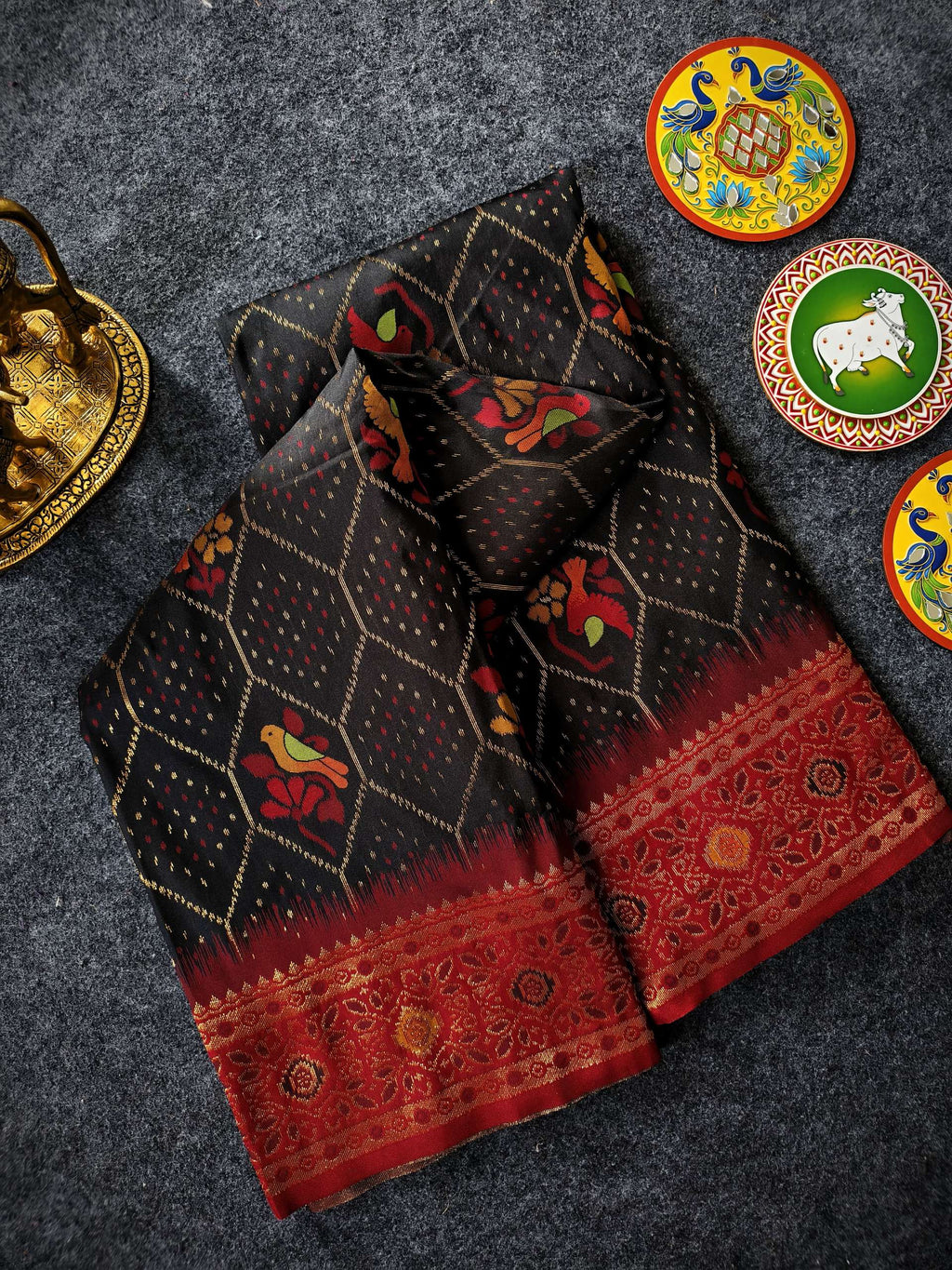 Mameraa Sarees Black Silk Saree Featuring Elegant Traditional Motifs All Over The Saree With Contrast Blouse-Black | Grocsy