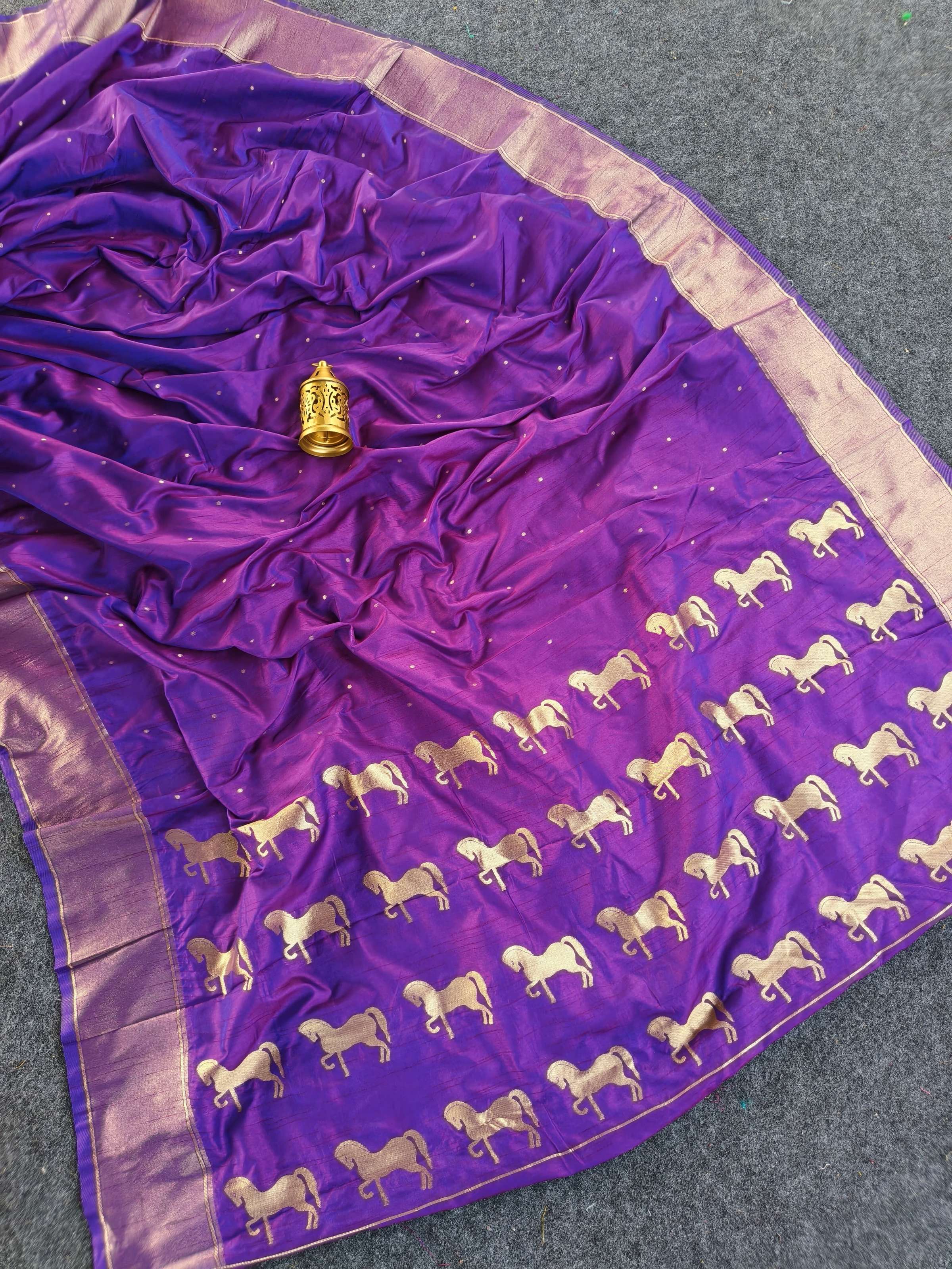 Mameraa Sarees Purple Silk Blend Zari Banarasi Weaving Saree With Blouse-Purple | Grocsy