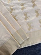 Mameraa Sarees White Silk Blend Zari Banarasi Weaving Saree With Blouse-White | Grocsy