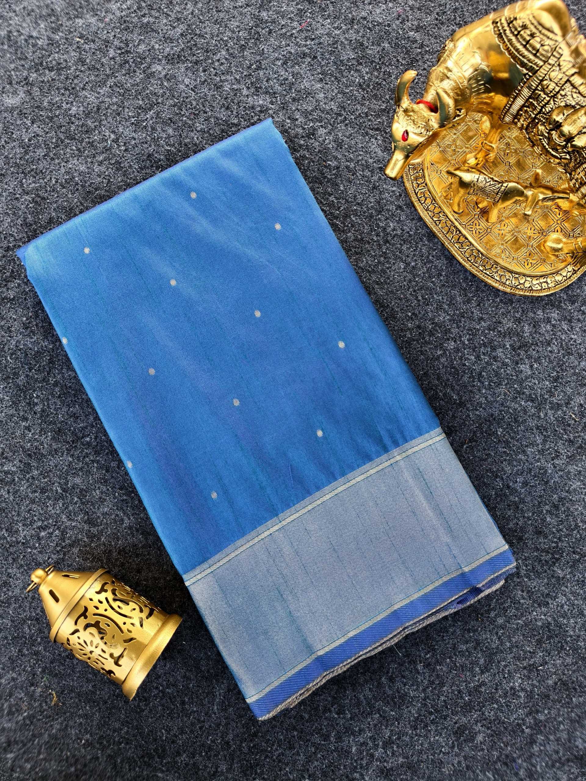 Mameraa Sarees Sky Blue Silk Blend Zari Banarasi Weaving Saree With Blouse-Sky_Blue | Grocsy