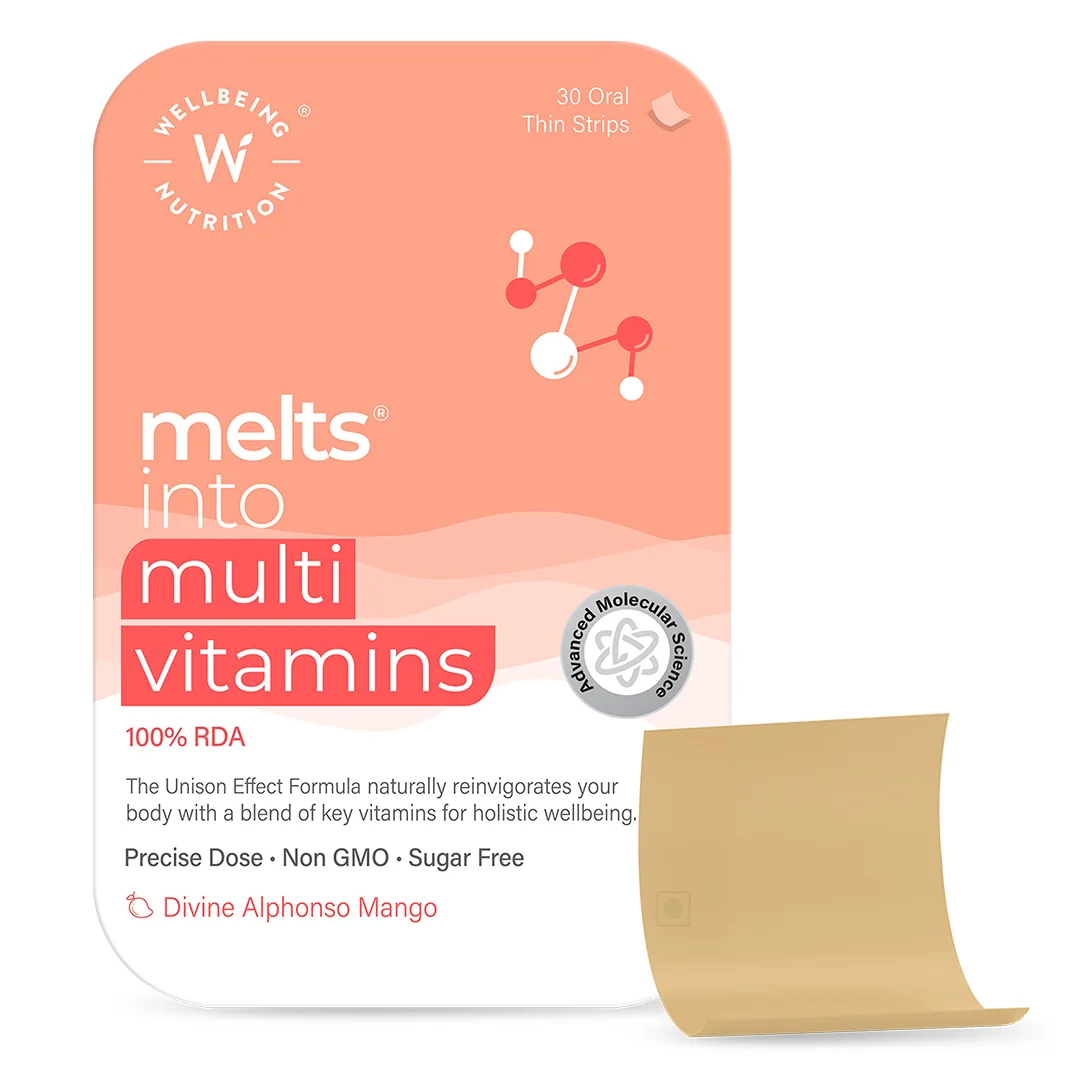 Wellbeing Nutrition Melts Into Multivitamins Oral Strips-Divine Alphonso Mango Flavor | Grocsy