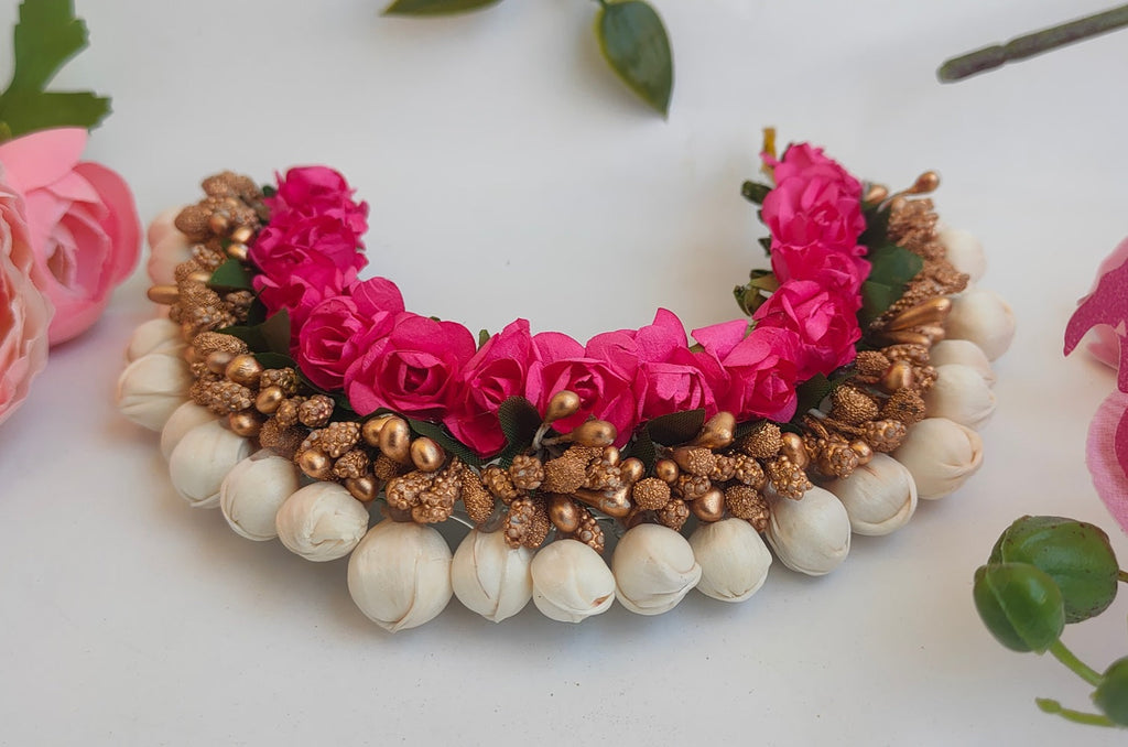 Pink & Gold Flower Hair Gajra | Grocsy