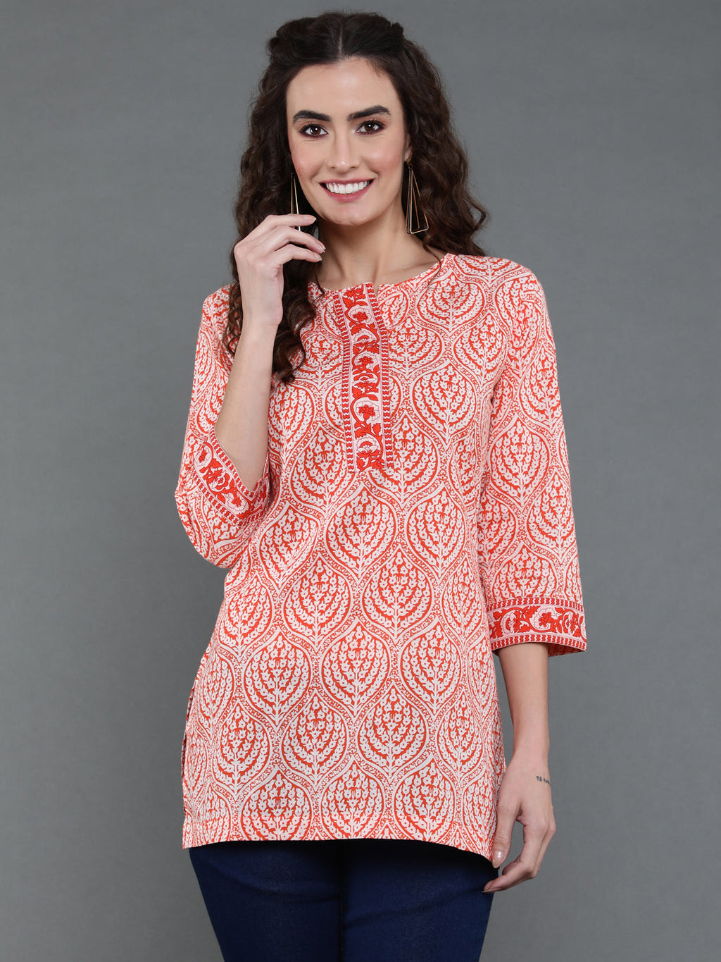 Antaran Orange Pure Cotton Printed Tunic | Grocsy