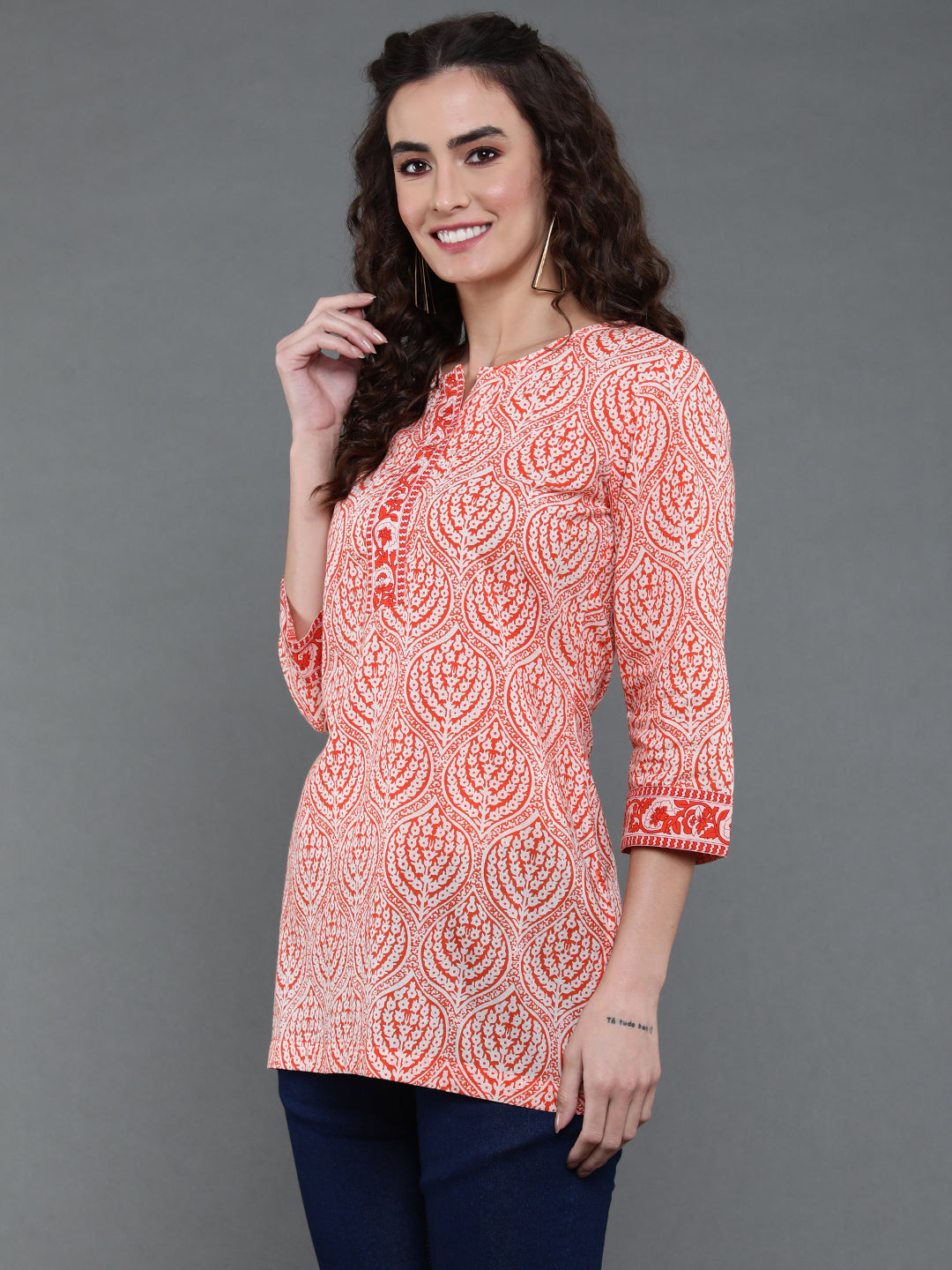 Antaran Orange Pure Cotton Printed Tunic | Grocsy