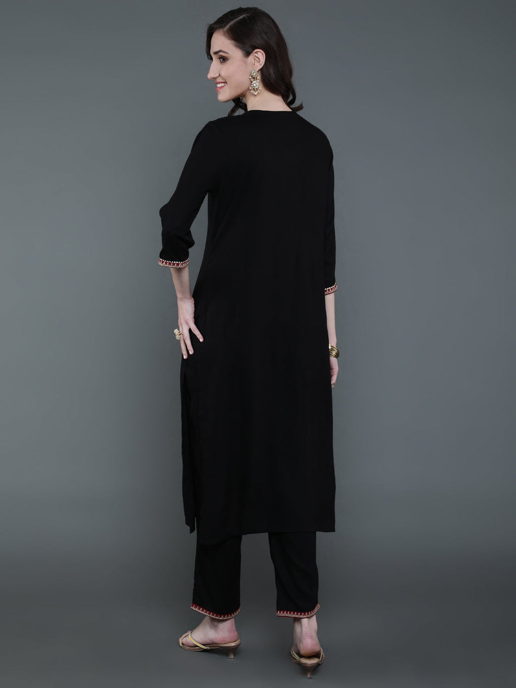 Antaran Black Rayon Embroidered Kurta Pant Set | Grocsy