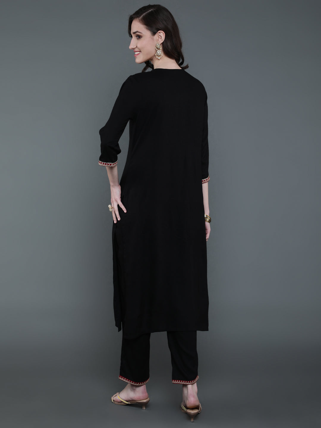 Antaran Black Rayon Embroidered Kurta Pant Set | Grocsy