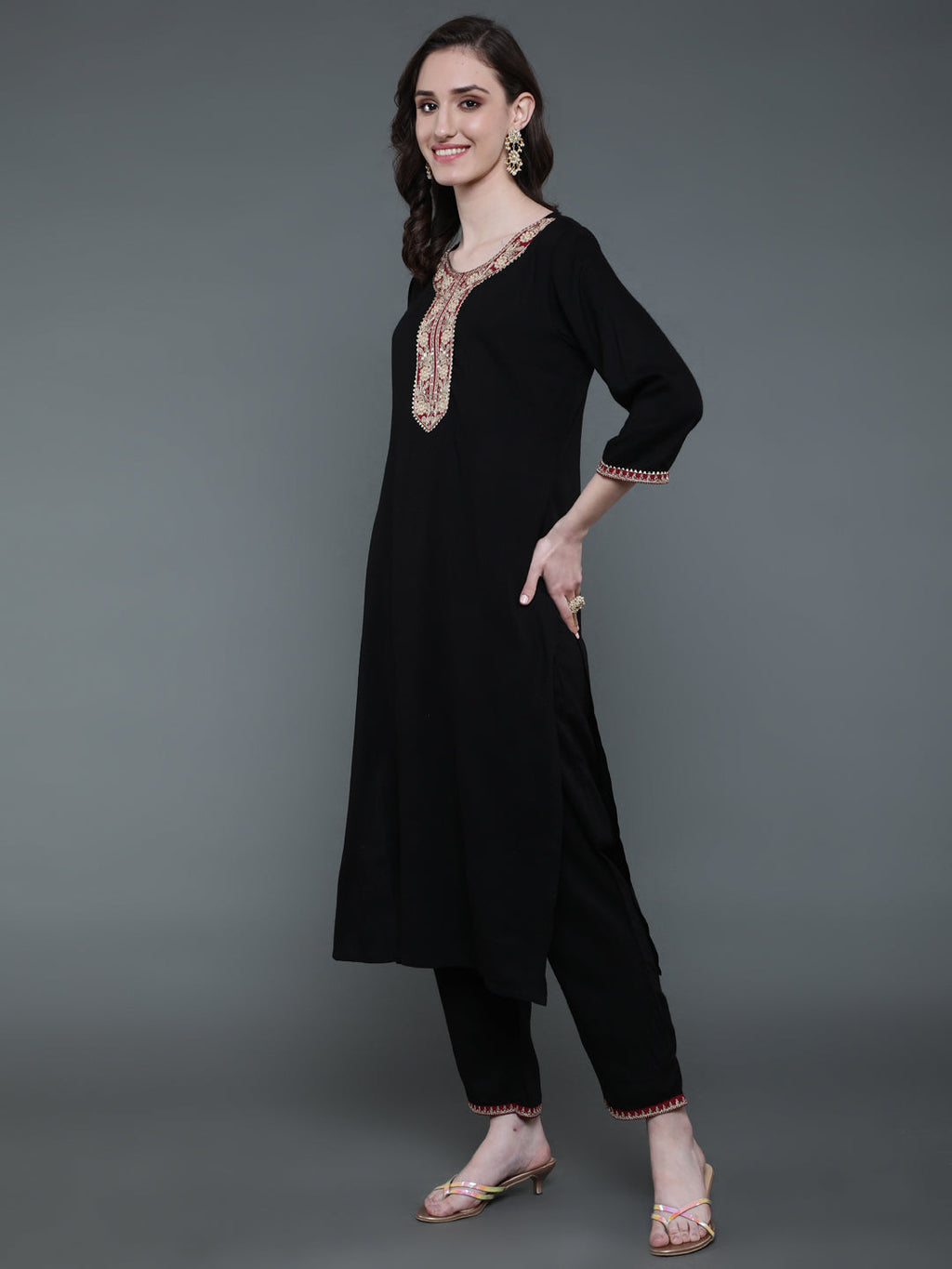 Antaran Black Rayon Embroidered Kurta Pant Set | Grocsy