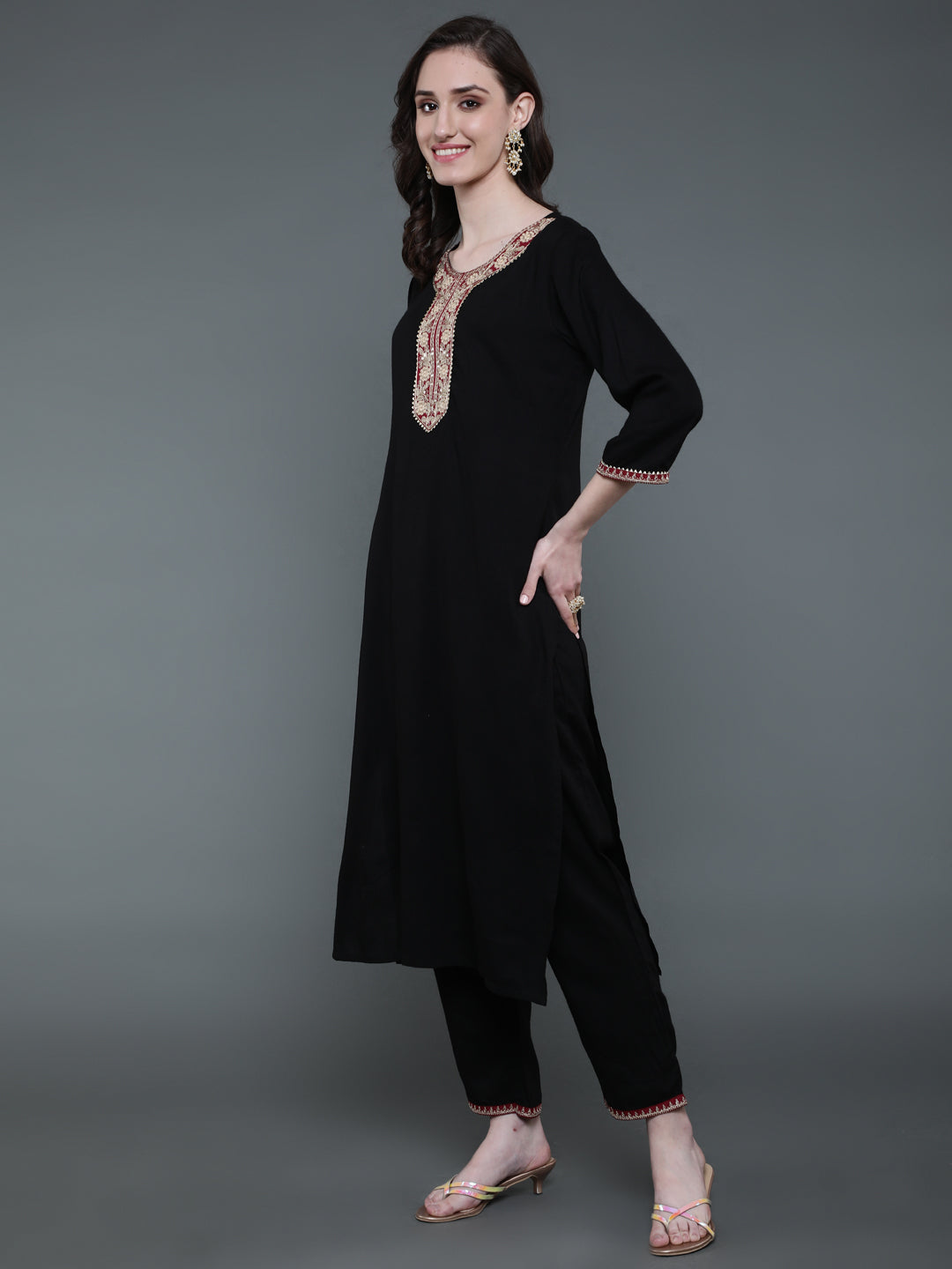 Antaran Black Rayon Embroidered Kurta Pant Set | Grocsy
