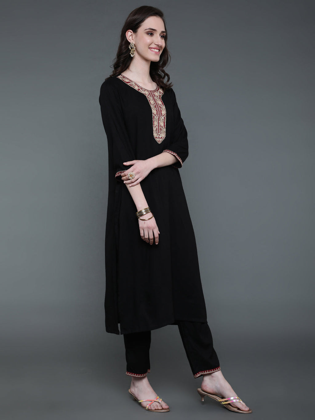 Antaran Black Rayon Embroidered Kurta Pant Set | Grocsy