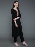 Antaran Black Rayon Embroidered Kurta Pant Set | Grocsy