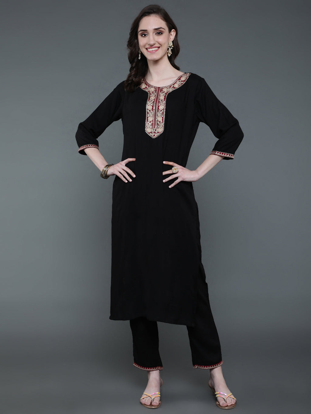 Antaran Black Rayon Embroidered Kurta Pant Set | Grocsy