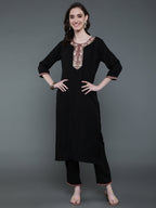 Antaran Black Rayon Embroidered Kurta Pant Set | Grocsy