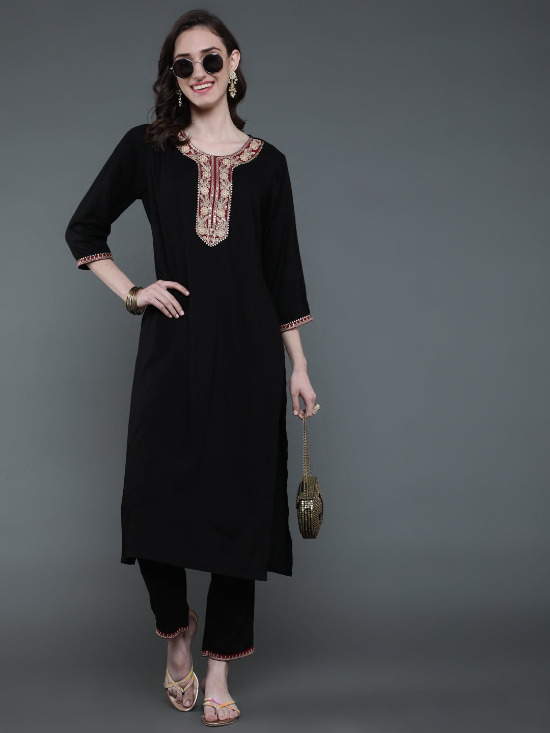 Antaran Black Rayon Embroidered Kurta Pant Set | Grocsy