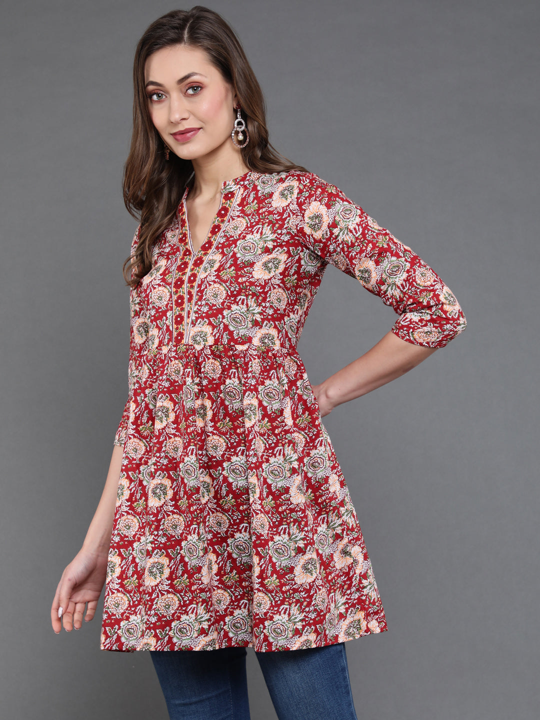 Antaran Maroon Pure Cotton Floral Printed Tunic | Grocsy