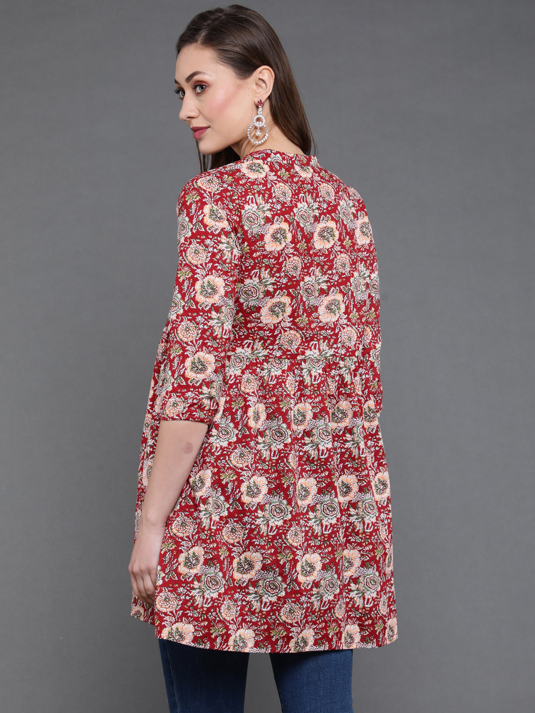 Antaran Maroon Pure Cotton Floral Printed Tunic | Grocsy