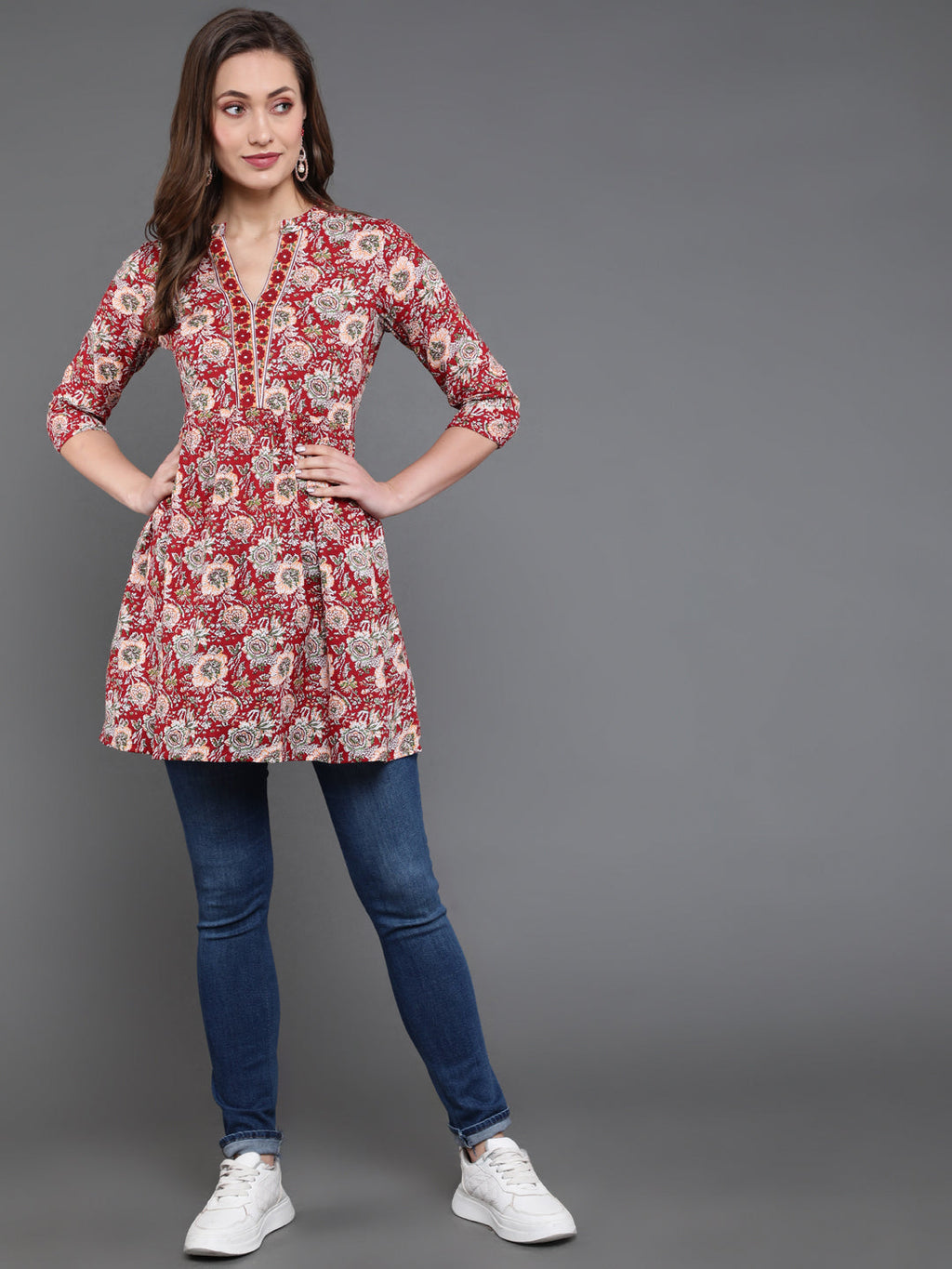 Antaran Maroon Pure Cotton Floral Printed Tunic | Grocsy