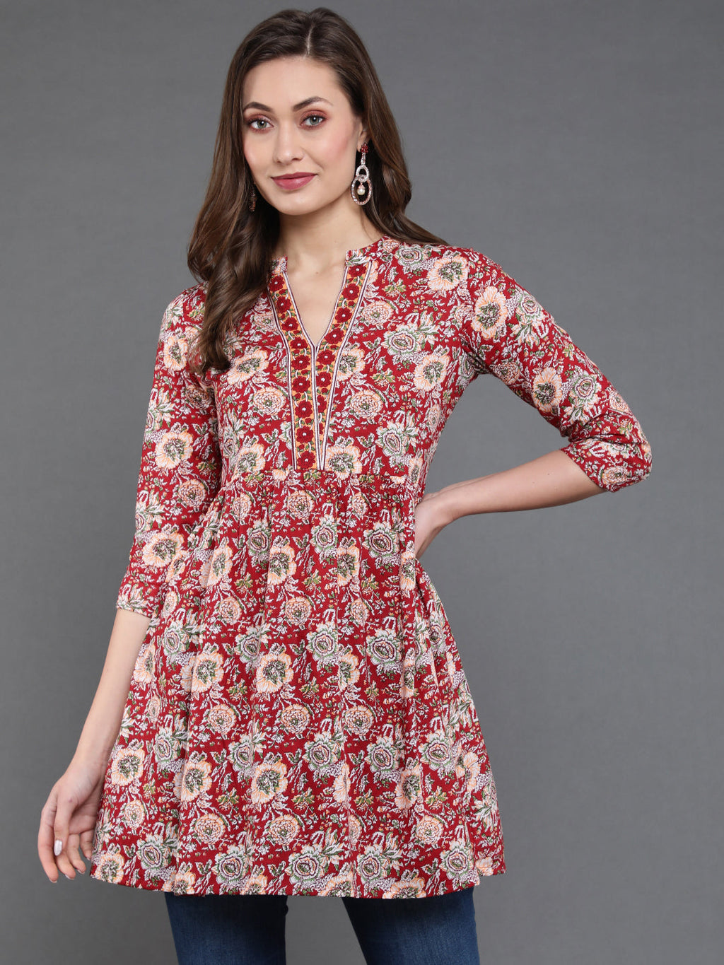 Antaran Maroon Pure Cotton Floral Printed Tunic | Grocsy