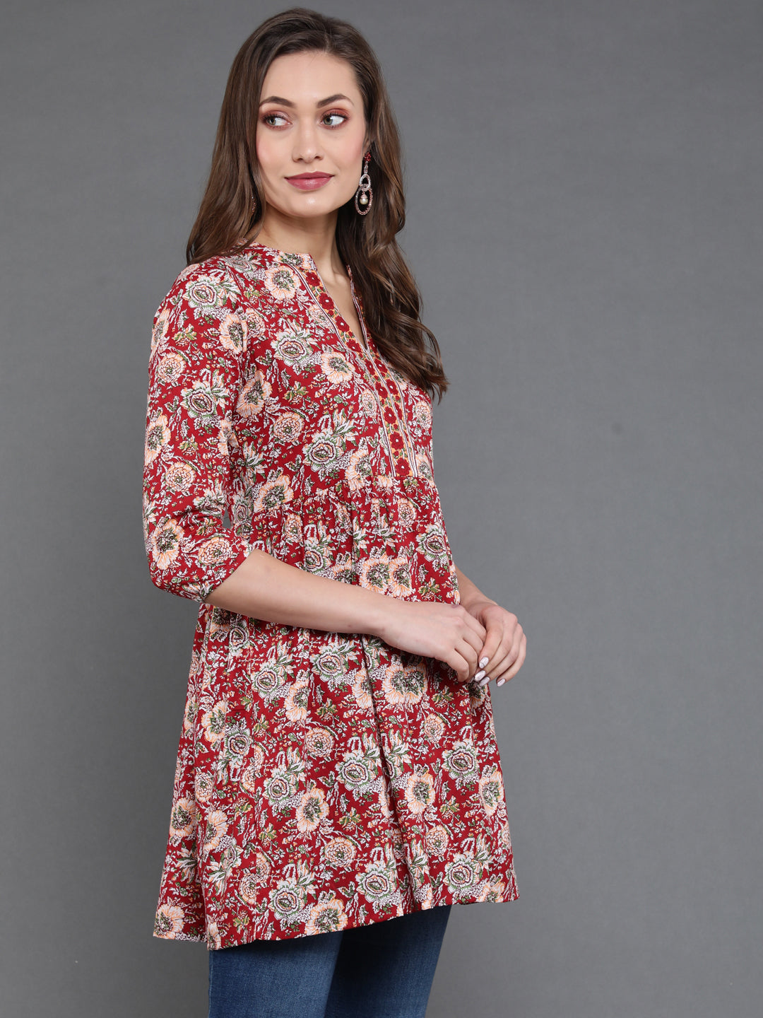 Antaran Maroon Pure Cotton Floral Printed Tunic | Grocsy