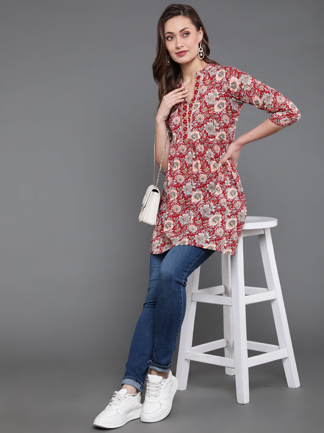 Antaran Maroon Pure Cotton Floral Printed Tunic | Grocsy