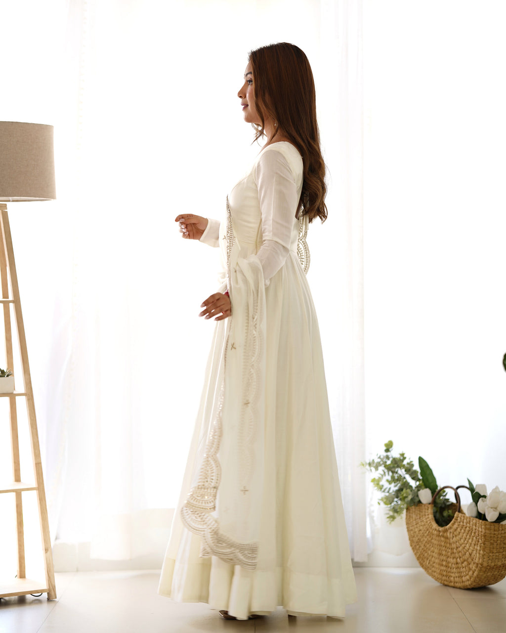 Lorenvalley Fashion Offwhite Pure Roman Silk Chanderi Fabric Fully Flared Anarkali Pant With Dupatta Set - Off White | Grocsy