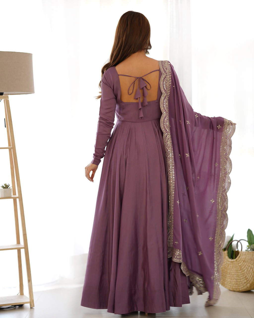 Lorenvalley Fashion Mauve Pure Roman Silk Chanderi Fabric Fully Flared Anarkali Pant With Dupatta Set - Mauve | Grocsy