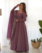 Lorenvalley Fashion Mauve Pure Roman Silk Chanderi Fabric Fully Flared Anarkali Pant With Dupatta Set - Mauve | Grocsy