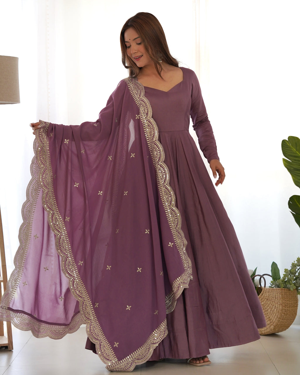 Lorenvalley Fashion Mauve Pure Roman Silk Chanderi Fabric Fully Flared Anarkali Pant With Dupatta Set - Mauve | Grocsy