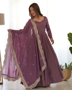 Lorenvalley Fashion Mauve Pure Roman Silk Chanderi Fabric Fully Flared Anarkali Pant With Dupatta Set - Mauve | Grocsy