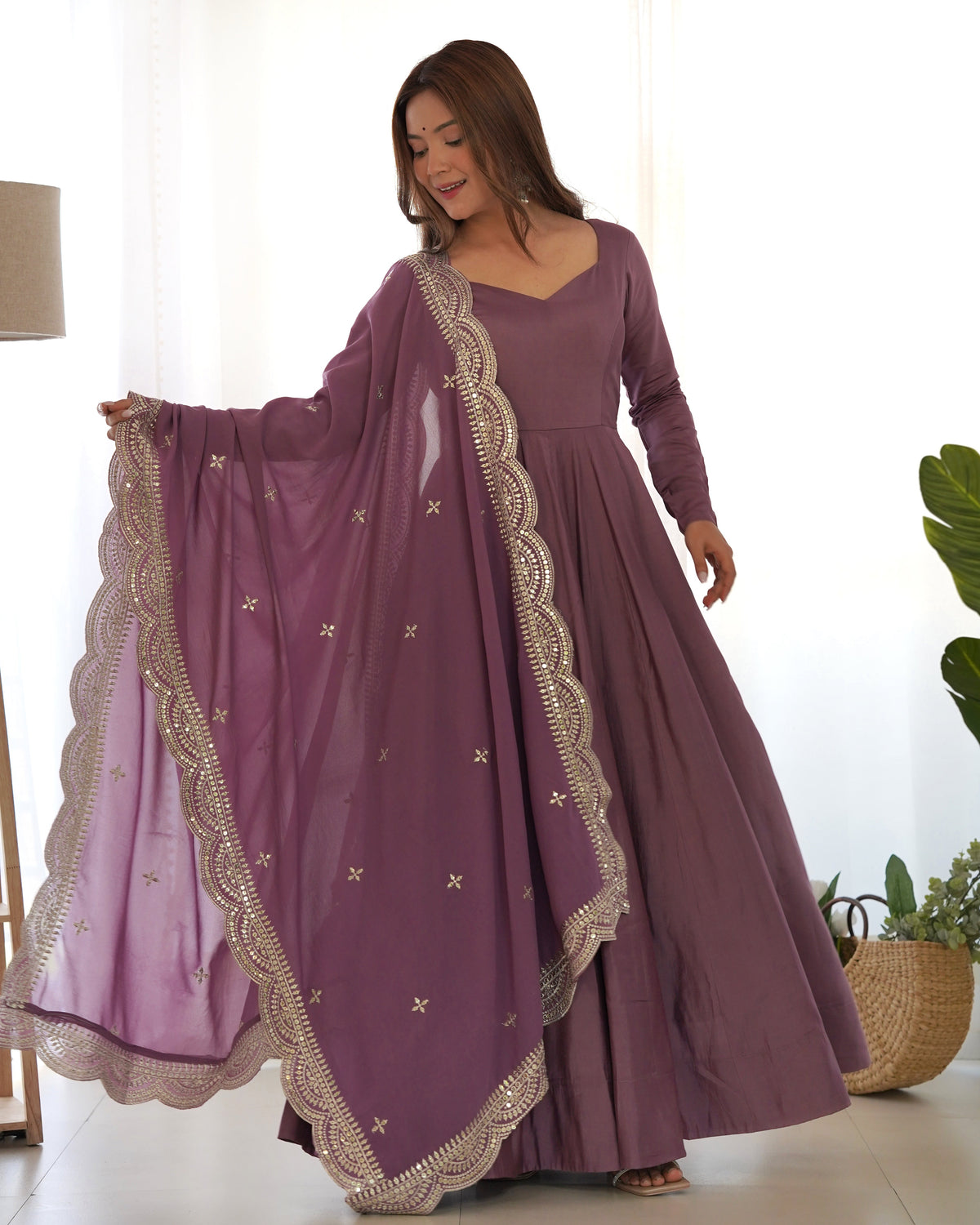 Lorenvalley Fashion Mauve Pure Roman Silk Chanderi Fabric Fully Flared Anarkali Pant With Dupatta Set - Mauve | Grocsy